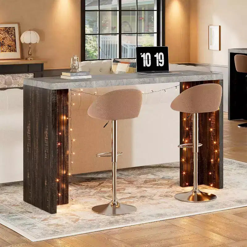 Mesa de bar de madera de 55 pulgadas, mesa de pub de cocina a altura de mostrador con cubierta de mármol sintético, unidad de bar rectangular para el hogar, mesa consola para sala de estar, gris+nogal