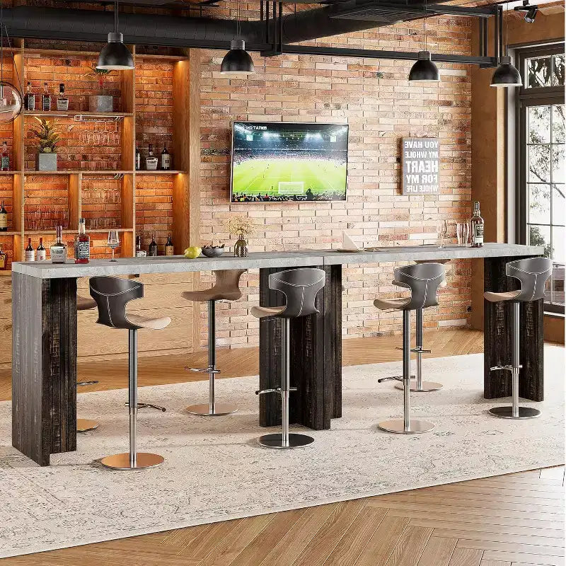 Mesa de bar de madera de 55 pulgadas, mesa de pub de cocina a altura de mostrador con cubierta de mármol sintético, unidad de bar rectangular para el hogar, mesa consola para sala de estar, gris+nogal
