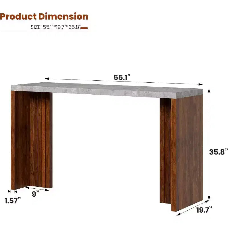 Mesa de bar de madera de 55 pulgadas, mesa de pub de cocina a altura de mostrador con cubierta de mármol sintético, unidad de bar rectangular para el hogar, mesa consola para sala de estar, gris+nogal