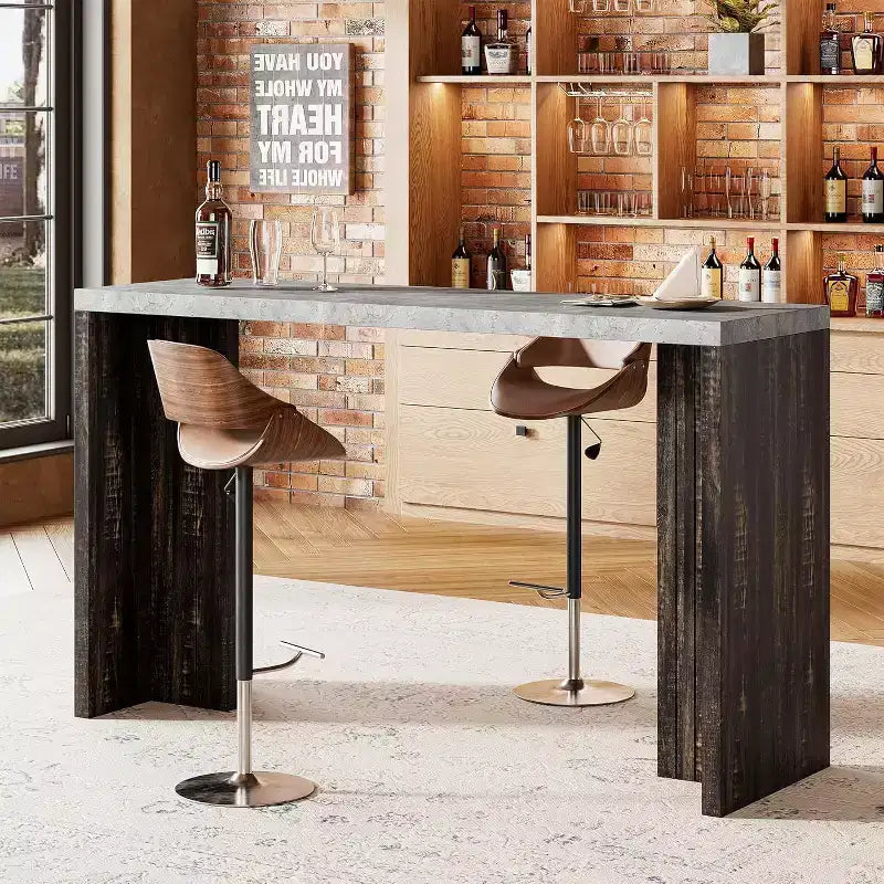 55 Wood Bar Table, Counter Height Kitchen Pub Table with Faux Marble Tabletop, Rectangular Home Bar Unit, Console Table for Living Room, Gray+Walnut