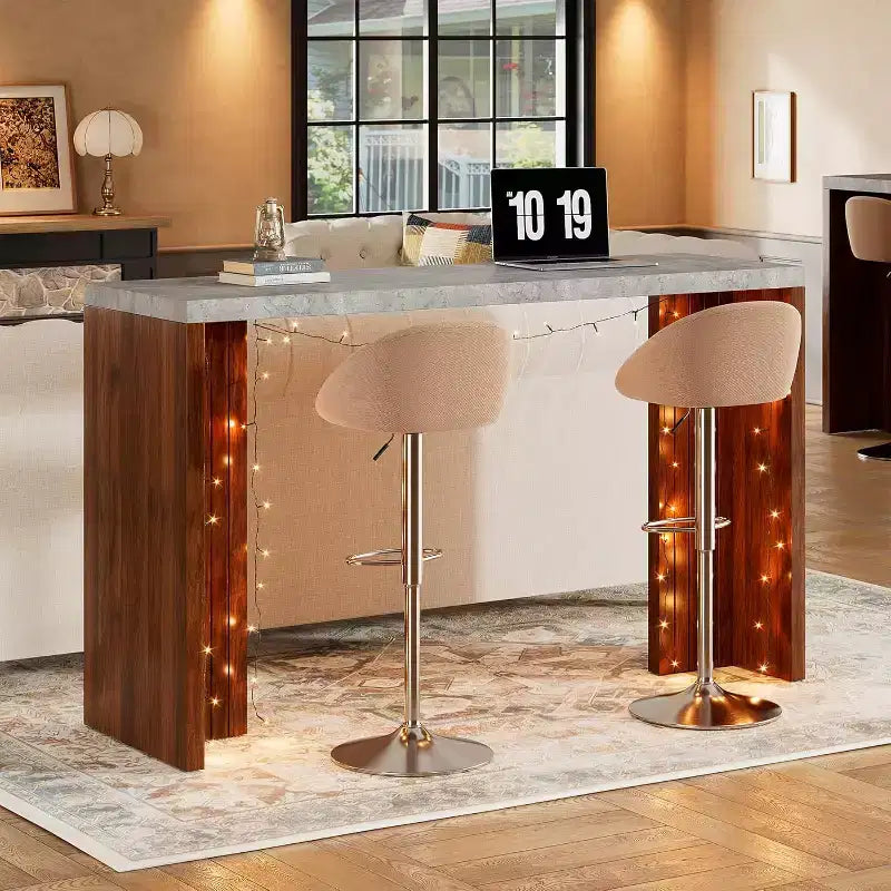 Mesa de bar de madera de 55 pulgadas, mesa de pub de cocina a altura de mostrador con cubierta de mármol sintético, unidad de bar rectangular para el hogar, mesa consola para sala de estar, gris+nogal