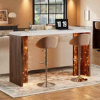 Mesa de bar de madera de 55 pulgadas, mesa de pub de cocina a altura de mostrador con cubierta de mármol sintético, unidad de bar rectangular para el hogar, mesa consola para sala de estar, gris+nogal