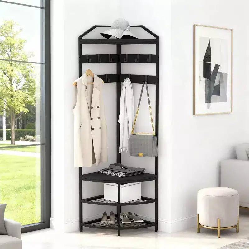 Acekool Black Corner Coat Rack with Storage, Metal Hall Tree with Mesh Shoe Shelves