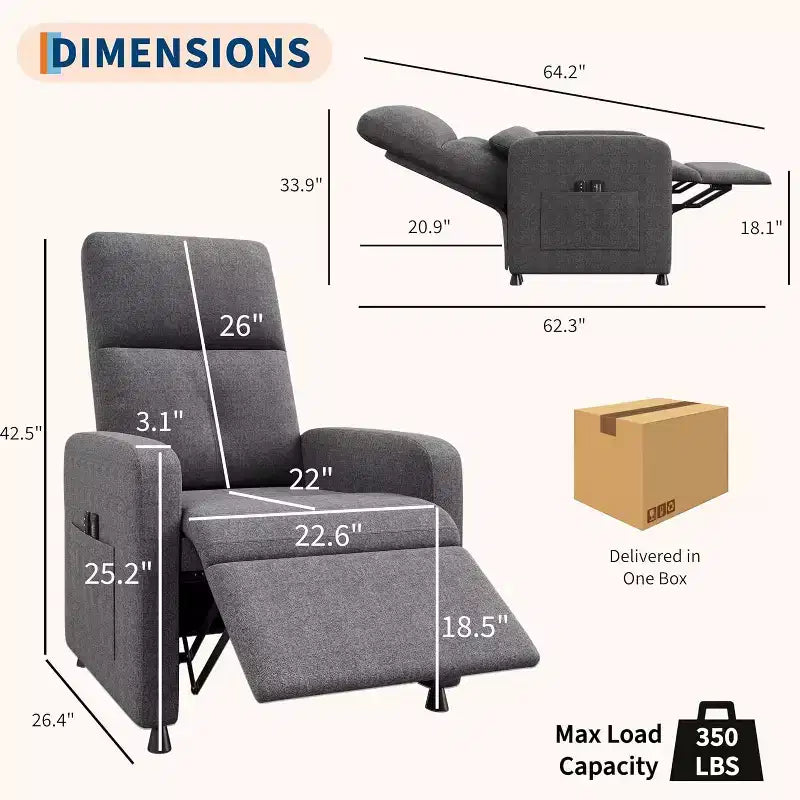 Sillón reclinable para adultos, reclinable ajustable ergonómico sobrecargado, sofá individual, mecedora con 2 bolsillos laterales para sala de estar, dormitorio
