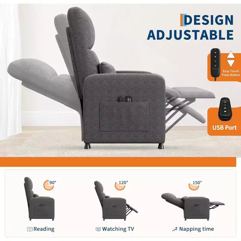 Sillón reclinable para adultos, reclinable ajustable ergonómico sobrecargado, sofá individual, mecedora con 2 bolsillos laterales para sala de estar, dormitorio