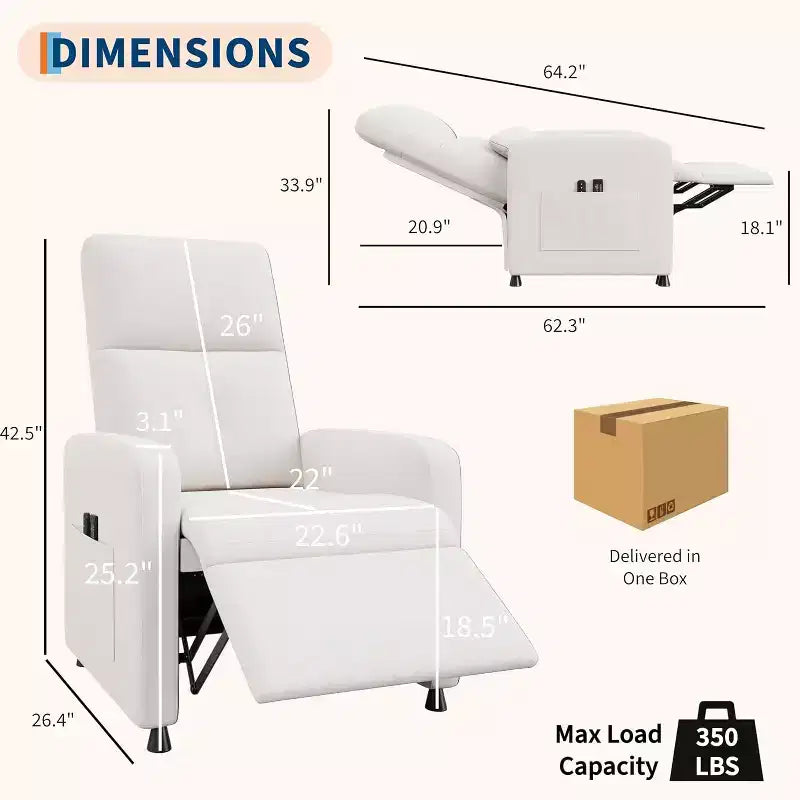 Sillón reclinable para adultos, reclinable ajustable ergonómico sobrecargado, sofá individual, mecedora con 2 bolsillos laterales para sala de estar, dormitorio