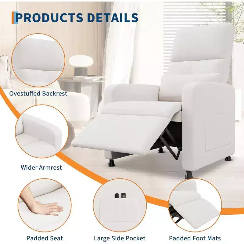 Sillón reclinable para adultos, reclinable ajustable ergonómico sobrecargado, sofá individual, mecedora con 2 bolsillos laterales para sala de estar, dormitorio