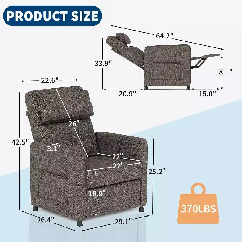 Sillón reclinable para adultos, reclinable ajustable ergonómico sobrecargado, sofá individual, mecedora con 2 bolsillos laterales para sala de estar, dormitorio