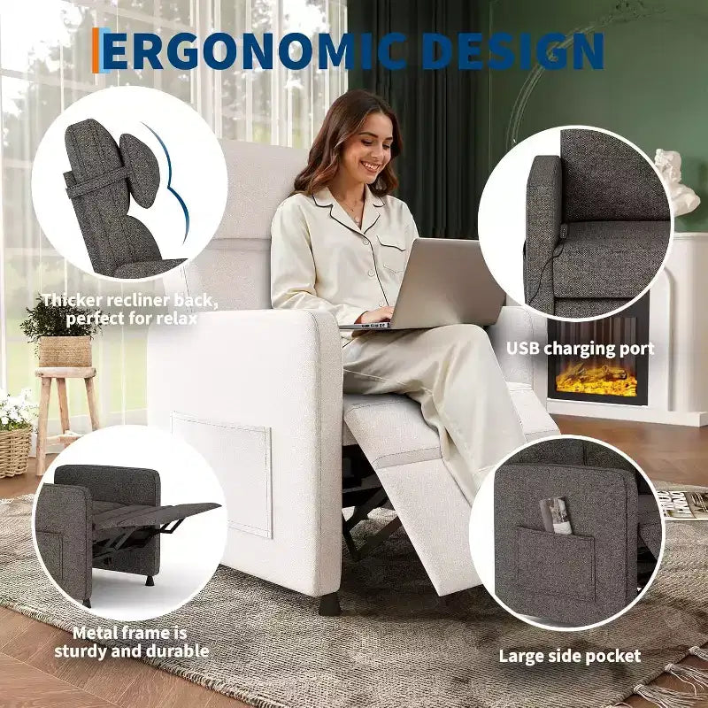 Sillón reclinable para adultos, reclinable ajustable ergonómico sobrecargado, sofá individual, mecedora con 2 bolsillos laterales para sala de estar, dormitorio