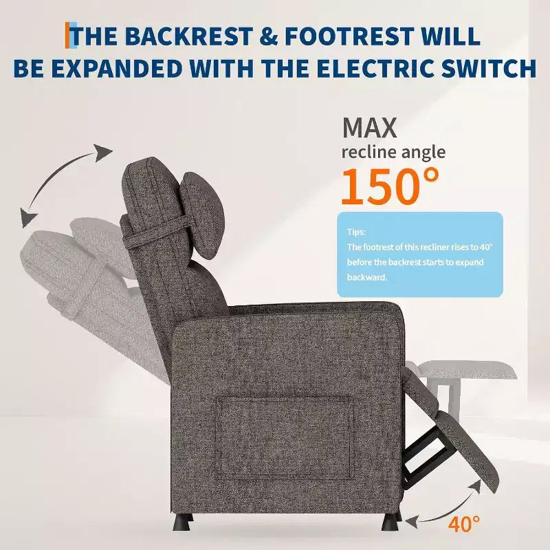 Sillón reclinable para adultos, reclinable ajustable ergonómico sobrecargado, sofá individual, mecedora con 2 bolsillos laterales para sala de estar, dormitorio