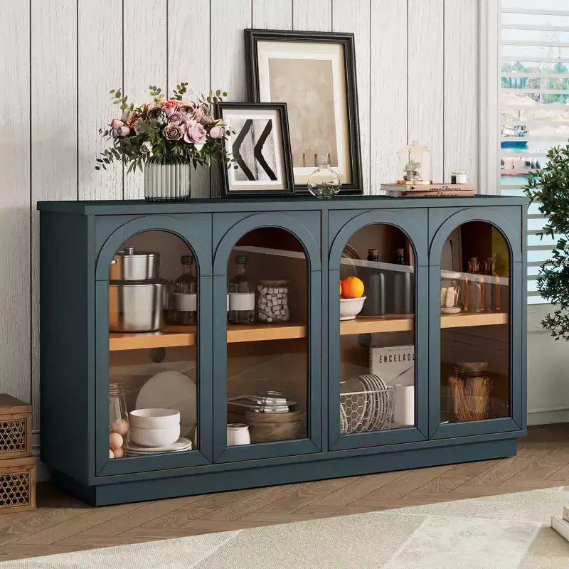 Armario de almacenamiento de pie con 4 puertas de cristal arqueadas, aparador auxiliar decorativo para sala de estar, aparador tipo vitrina para pasillo, entrada, oficina en casa