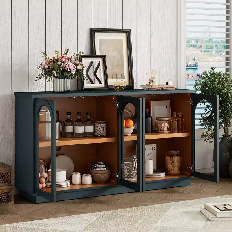Armario de almacenamiento de pie con 4 puertas de cristal arqueadas, aparador auxiliar decorativo para sala de estar, aparador tipo vitrina para pasillo, entrada, oficina en casa
