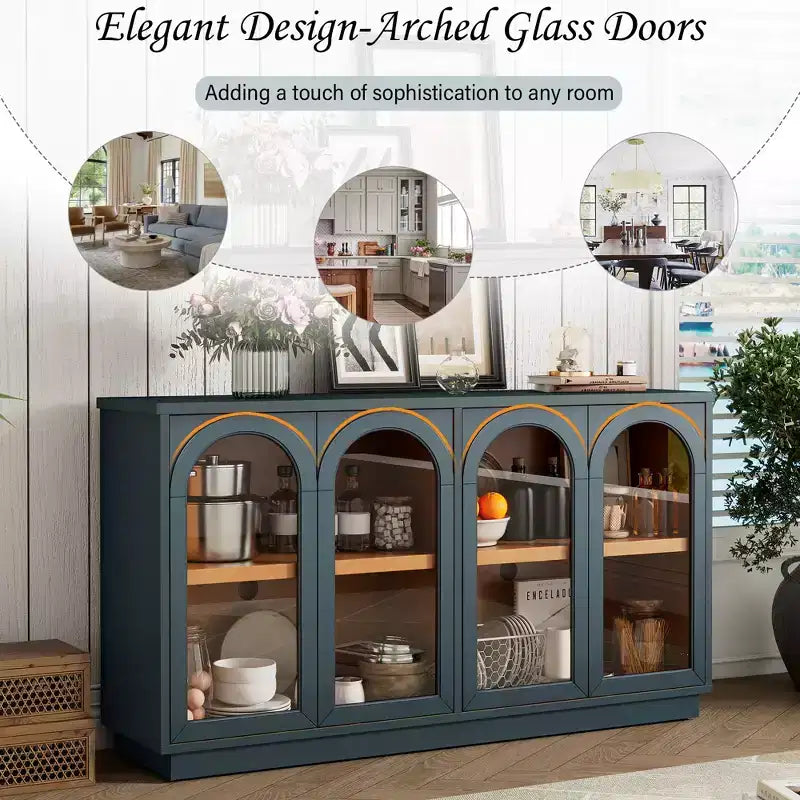 Armario de almacenamiento de pie con 4 puertas de cristal arqueadas, aparador auxiliar decorativo para sala de estar, aparador tipo vitrina para pasillo, entrada, oficina en casa