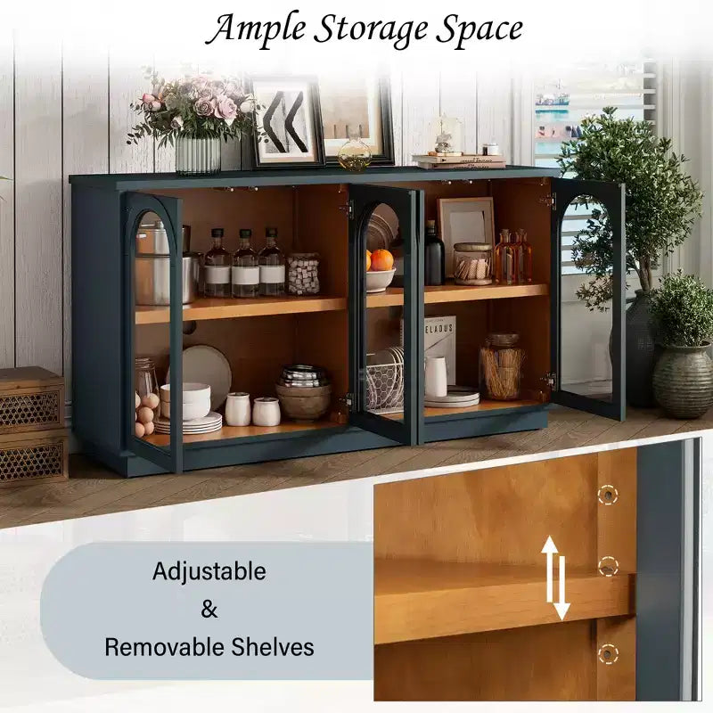 Armario de almacenamiento de pie con 4 puertas de cristal arqueadas, aparador auxiliar decorativo para sala de estar, aparador tipo vitrina para pasillo, entrada, oficina en casa