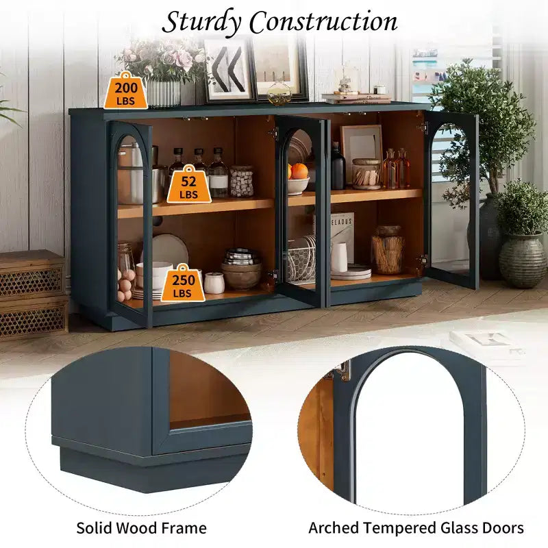 Armario de almacenamiento de pie con 4 puertas de cristal arqueadas, aparador auxiliar decorativo para sala de estar, aparador tipo vitrina para pasillo, entrada, oficina en casa