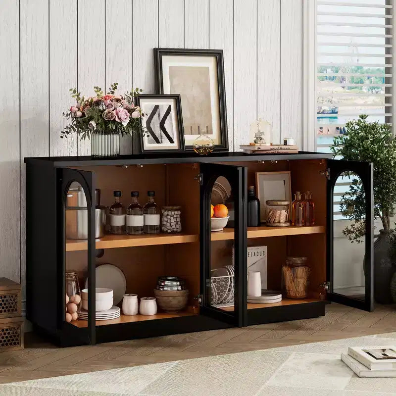 Armario de almacenamiento de pie con 4 puertas de cristal arqueadas, aparador auxiliar decorativo para sala de estar, aparador tipo vitrina para pasillo, entrada, oficina en casa