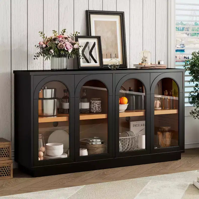 Armario de almacenamiento de pie con 4 puertas de cristal arqueadas, aparador auxiliar decorativo para sala de estar, aparador tipo vitrina para pasillo, entrada, oficina en casa