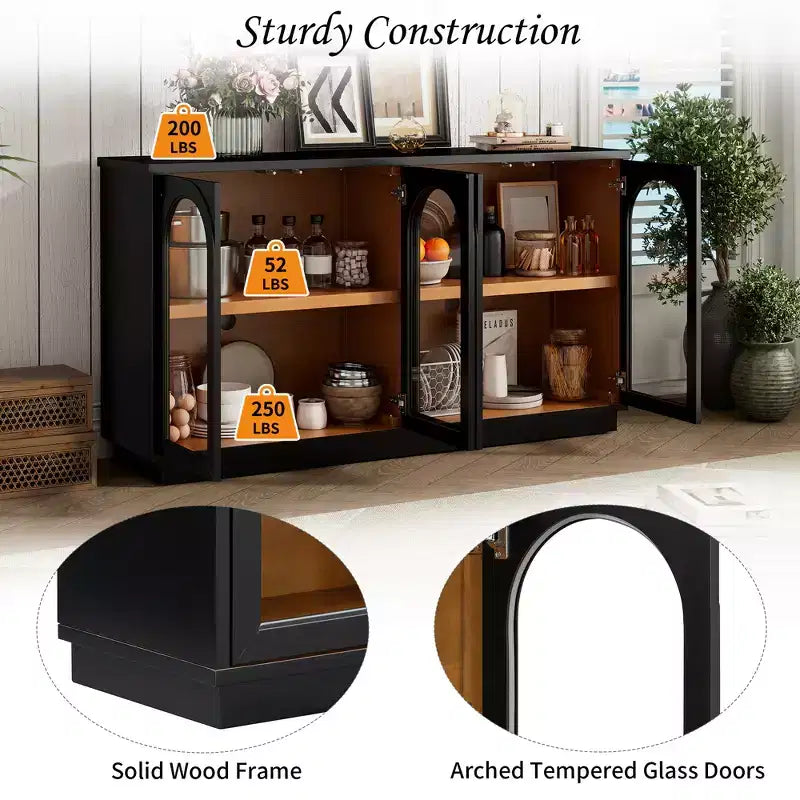 Armario de almacenamiento de pie con 4 puertas de cristal arqueadas, aparador auxiliar decorativo para sala de estar, aparador tipo vitrina para pasillo, entrada, oficina en casa