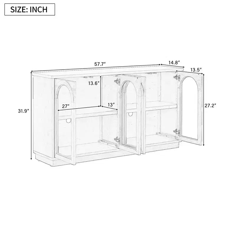 Armario de almacenamiento de pie con 4 puertas de cristal arqueadas, aparador auxiliar decorativo para sala de estar, aparador tipo vitrina para pasillo, entrada, oficina en casa
