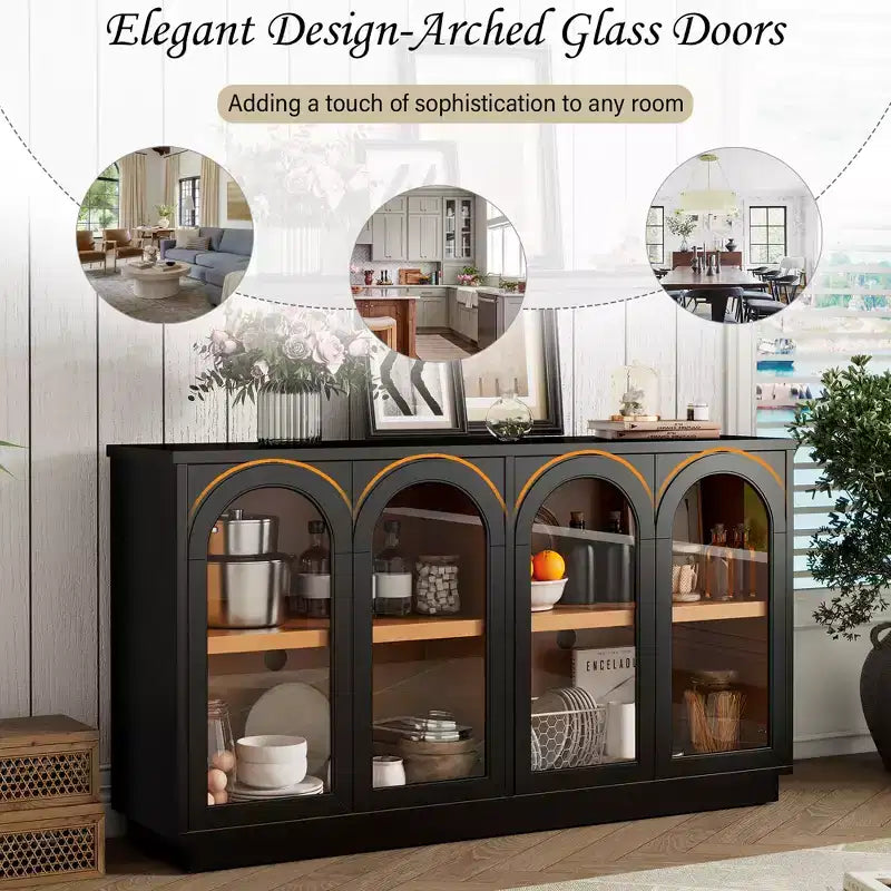 Armario de almacenamiento de pie con 4 puertas de cristal arqueadas, aparador auxiliar decorativo para sala de estar, aparador tipo vitrina para pasillo, entrada, oficina en casa
