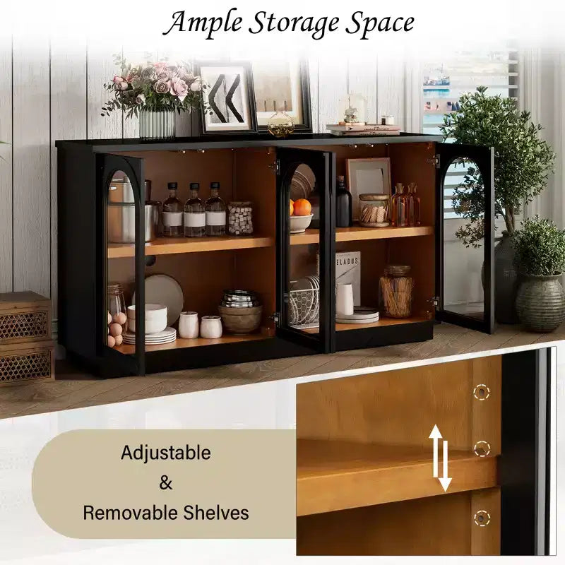 Armario de almacenamiento de pie con 4 puertas de cristal arqueadas, aparador auxiliar decorativo para sala de estar, aparador tipo vitrina para pasillo, entrada, oficina en casa