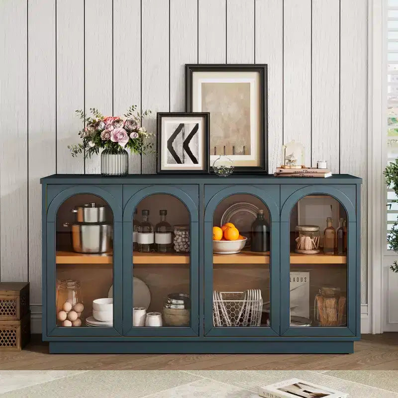 Armario de almacenamiento de pie con 4 puertas de cristal arqueadas, aparador auxiliar decorativo para sala de estar, aparador tipo vitrina para pasillo, entrada, oficina en casa
