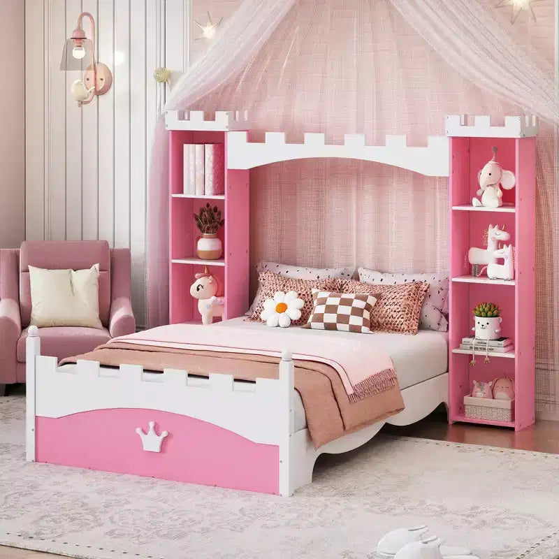 Whisen Twin Castle-Shaped Wooden Bed, Dreamy Platform Bed Frame with Storage Shelf for Kids Bedroom