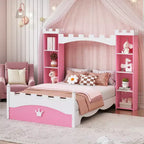 Whisen Twin Castle-Shaped Wooden Bed, Dreamy Platform Bed Frame with Storage Shelf for Kids Bedroom