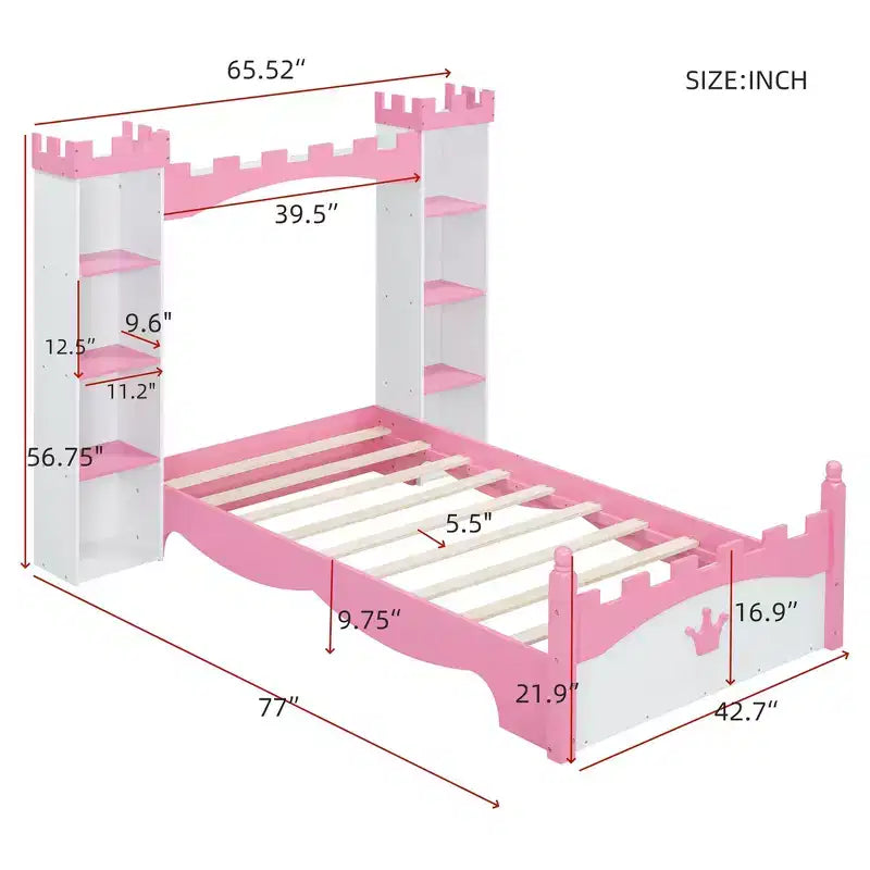 Cama de Madera Doble con Forma de Castillo, Estructura de Cama Plataforma de Ensueño con Estante de Almacenamiento para Dormitorio Infantil