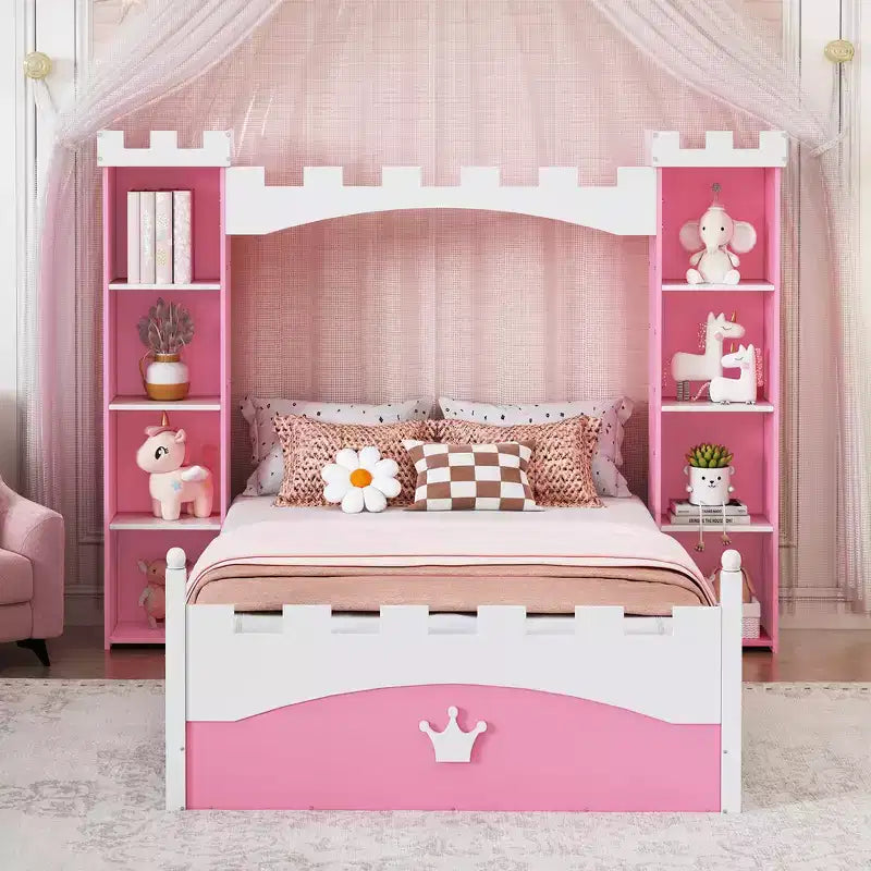 Cama de Madera Doble con Forma de Castillo, Estructura de Cama Plataforma de Ensueño con Estante de Almacenamiento para Dormitorio Infantil