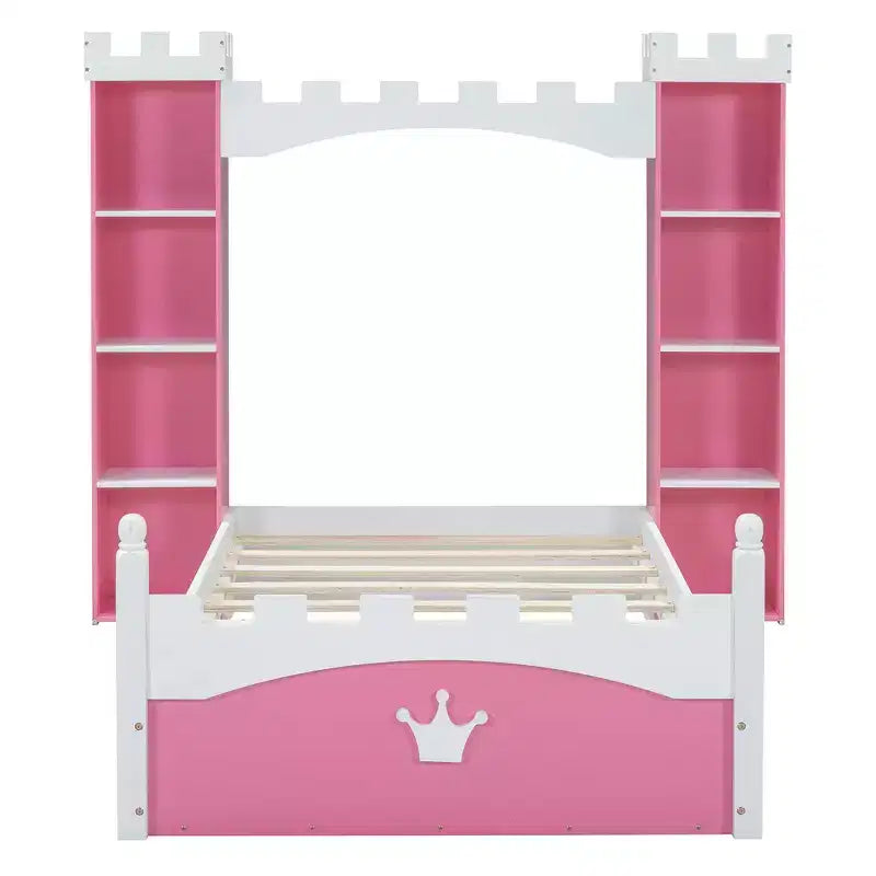 Cama de Madera Doble con Forma de Castillo, Estructura de Cama Plataforma de Ensueño con Estante de Almacenamiento para Dormitorio Infantil