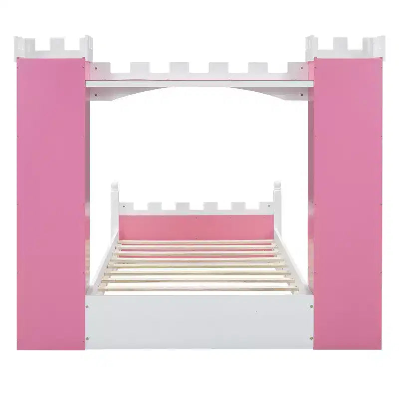 Cama de Madera Doble con Forma de Castillo, Estructura de Cama Plataforma de Ensueño con Estante de Almacenamiento para Dormitorio Infantil