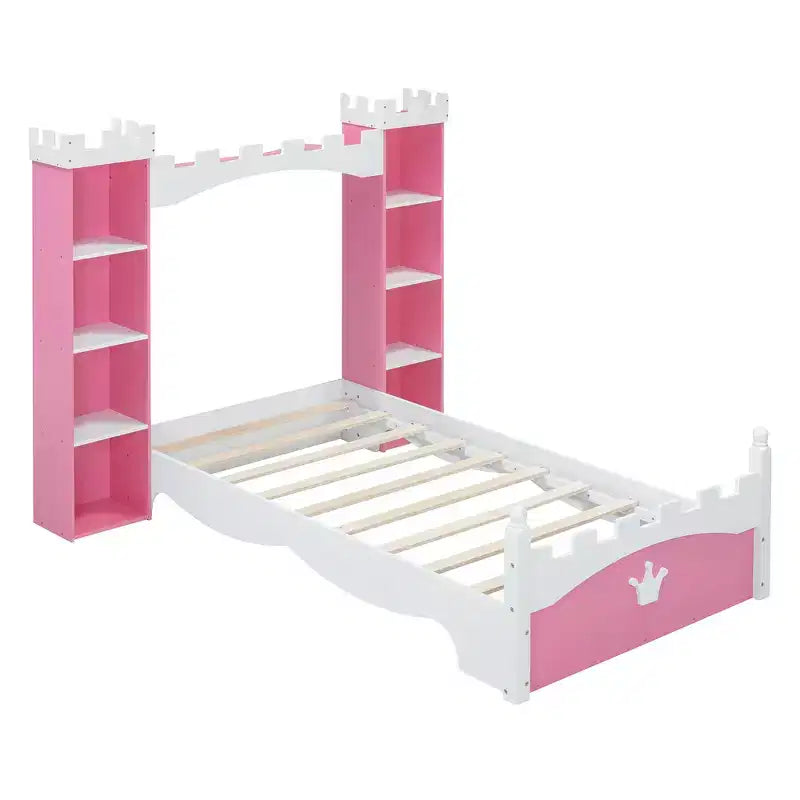Cama de Madera Doble con Forma de Castillo, Estructura de Cama Plataforma de Ensueño con Estante de Almacenamiento para Dormitorio Infantil