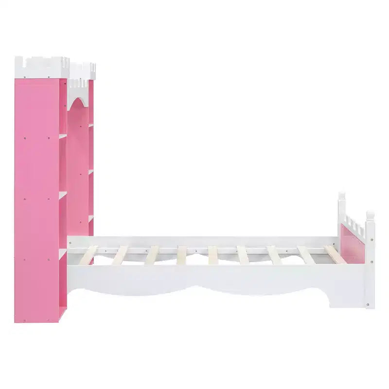 Cama de Madera Doble con Forma de Castillo, Estructura de Cama Plataforma de Ensueño con Estante de Almacenamiento para Dormitorio Infantil
