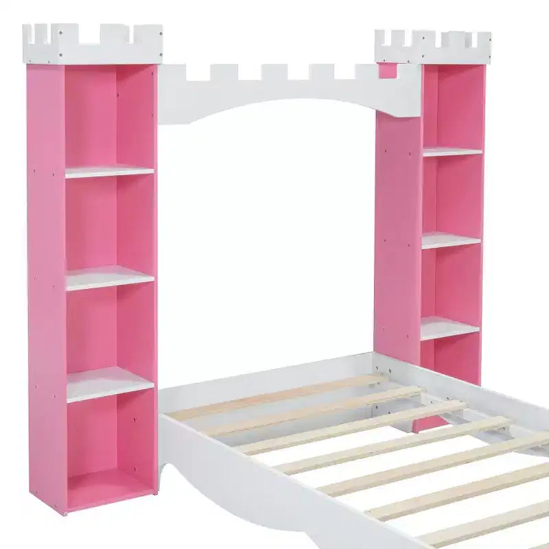Cama de Madera Doble con Forma de Castillo, Estructura de Cama Plataforma de Ensueño con Estante de Almacenamiento para Dormitorio Infantil