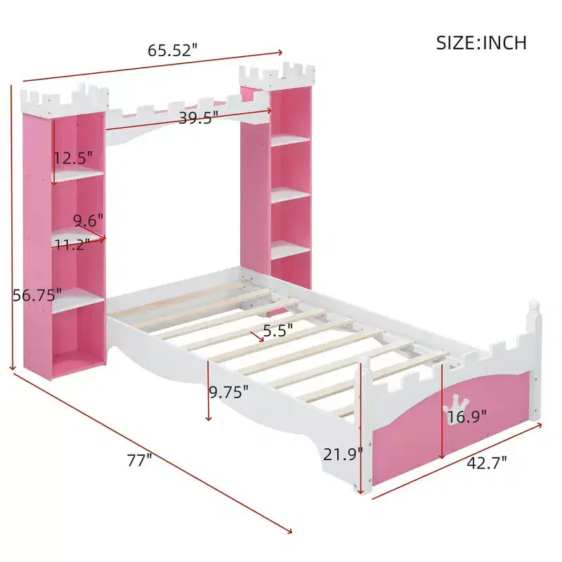Cama de Madera Doble con Forma de Castillo, Estructura de Cama Plataforma de Ensueño con Estante de Almacenamiento para Dormitorio Infantil