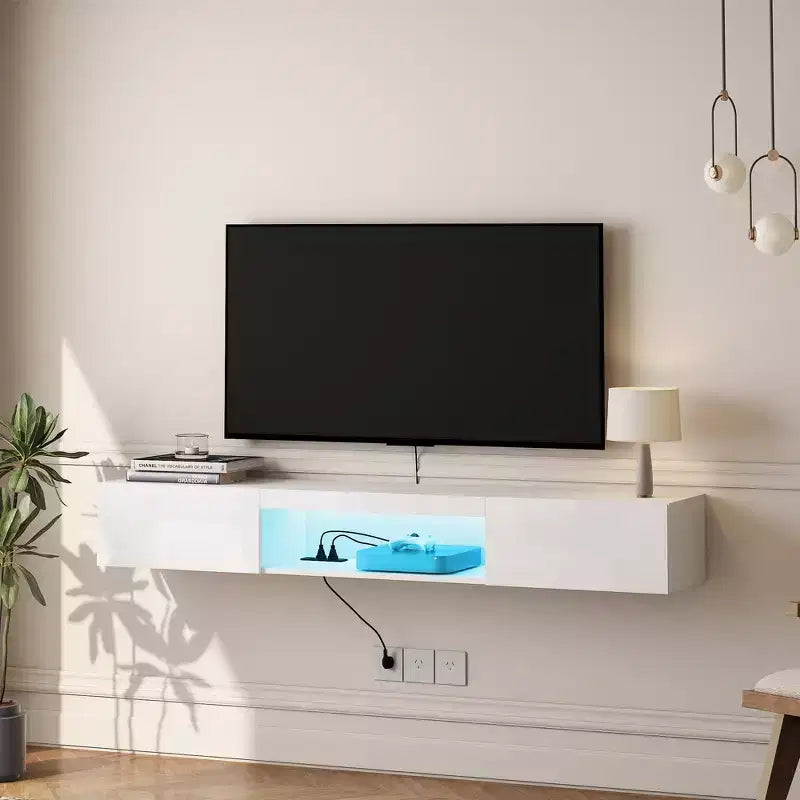 JVNOXK 62.99inch Floating Wall-Mounted TV Stand with 16-Color LED Lighting, 63-Inch Modern TV Stand, Compatible with 55/60/65-Inch TVs, White