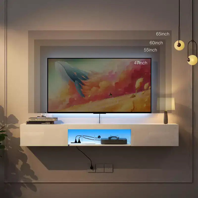 Mueble para TV flotante de pared de 160 cm con iluminación LED de 16 colores, mueble de TV moderno de 160 cm, compatible con televisores de 55/60/65 pulgadas, blanco