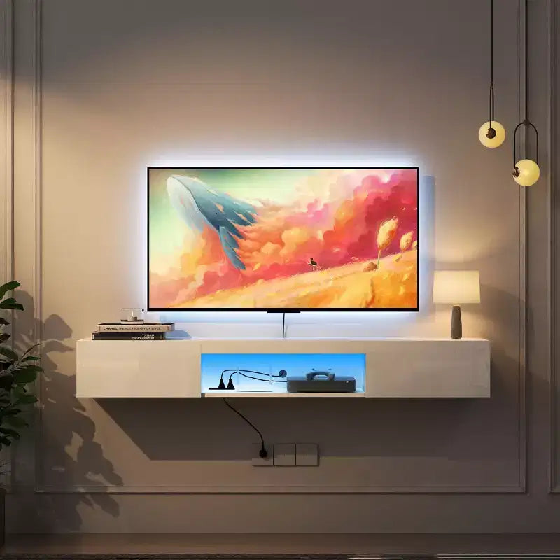 Mueble para TV flotante de pared de 160 cm con iluminación LED de 16 colores, mueble de TV moderno de 160 cm, compatible con televisores de 55/60/65 pulgadas, blanco