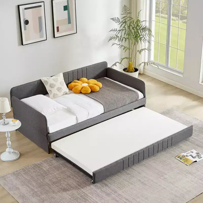 Twin Daybed with Trundle Bed Twin, Linen Upholstered Day Bed with Arm and Backrest, No Box Spring Needed Daybed, Twin Size Day Bed