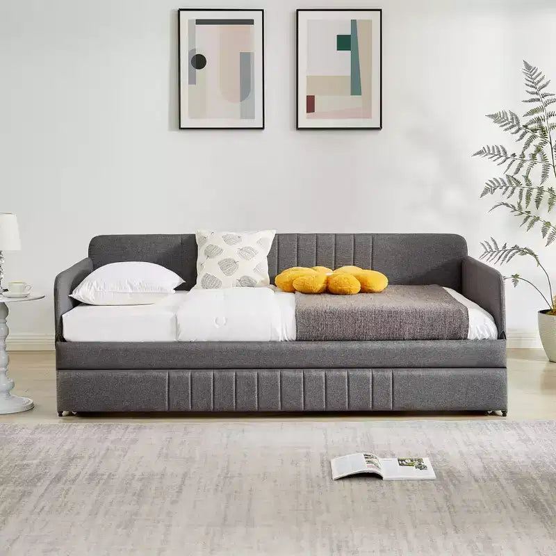 Sofá cama doble con cama nido doble, sofá cama tapizado en lino con apoyabrazos y respaldo, sofá cama sin necesidad de somier, sofá cama doble
