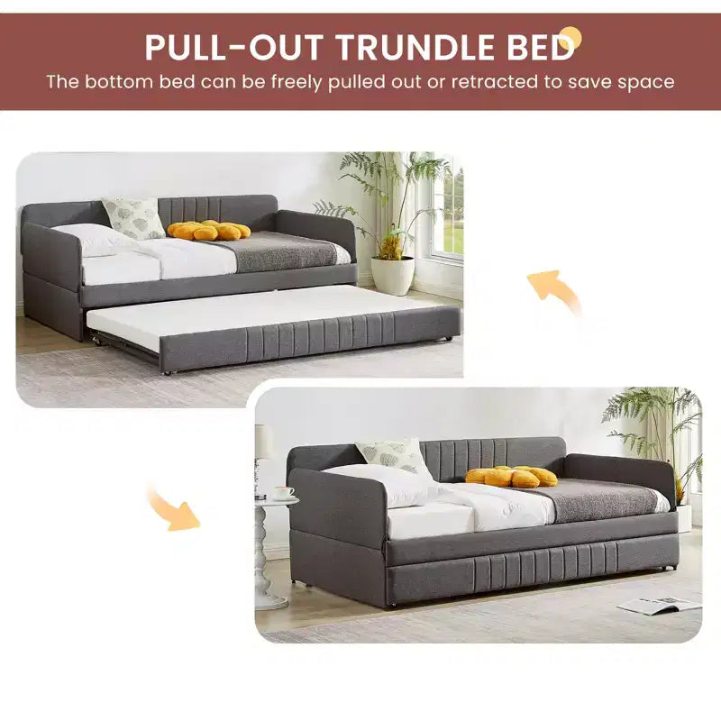Sofá cama doble con cama nido doble, sofá cama tapizado en lino con apoyabrazos y respaldo, sofá cama sin necesidad de somier, sofá cama doble