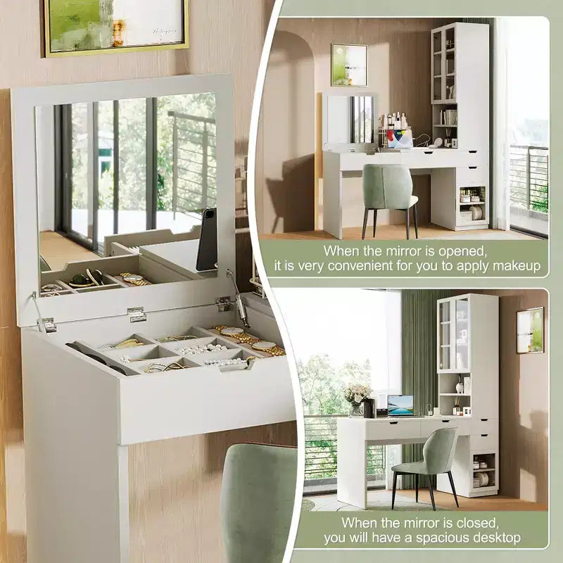 Tocador de maquillaje Teresa Modern Mirror con 3 cajones, múltiples compartimentos de almacenamiento y estación de carga