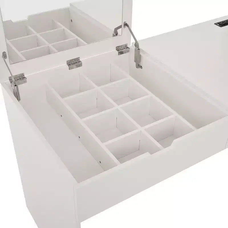 Tocador de maquillaje Teresa Modern Mirror con 3 cajones, múltiples compartimentos de almacenamiento y estación de carga