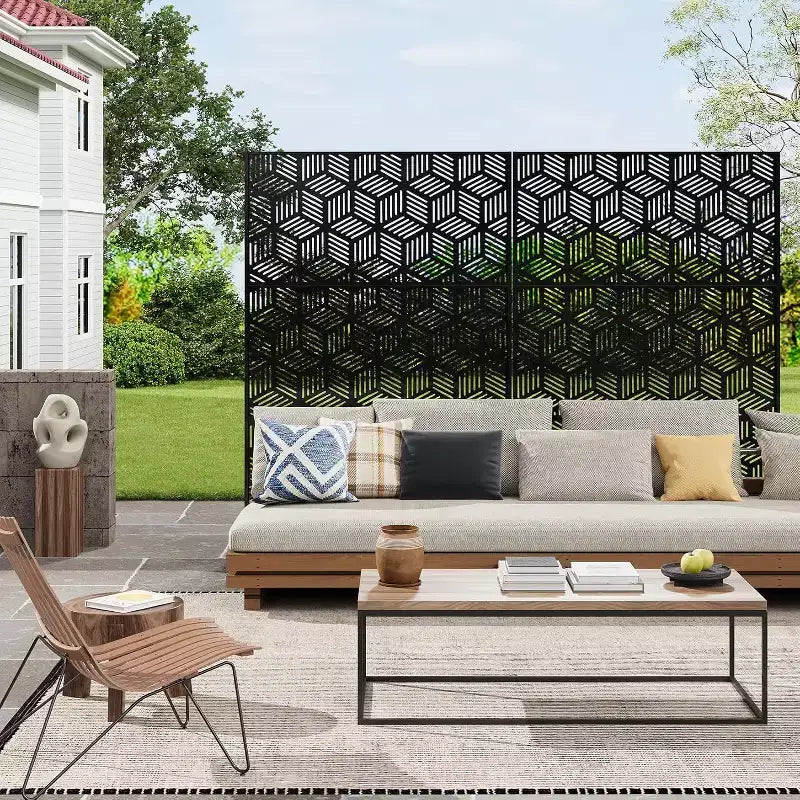 Mampara metálica de privacidad con celosía de 78", divisor de valla moderno de 3 paneles para patio, balcón, jardín o sala de estar