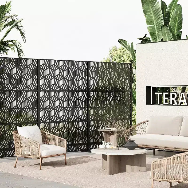 Mampara metálica de privacidad con celosía de 78", divisor de valla moderno de 3 paneles para patio, balcón, jardín o sala de estar