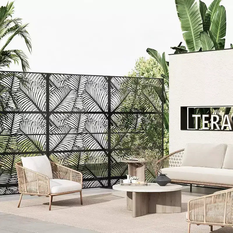 Mampara metálica de privacidad con celosía de 78", divisor de valla moderno de 3 paneles para patio, balcón, jardín o sala de estar