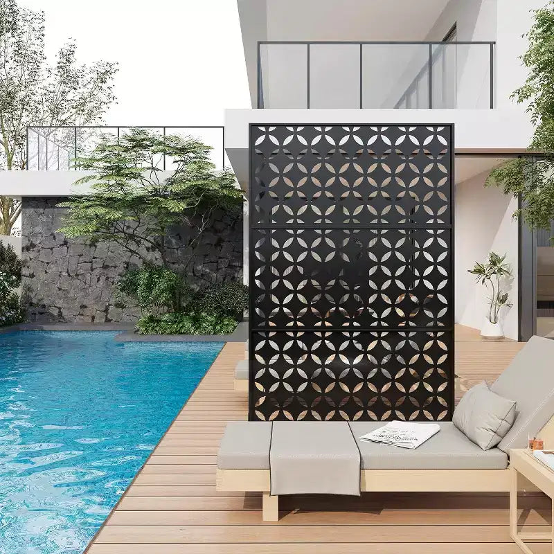 Mampara metálica de privacidad con celosía de 78", divisor de valla moderno de 3 paneles para patio, balcón, jardín o sala de estar
