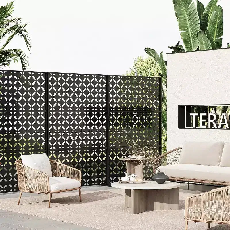Mampara metálica de privacidad con celosía de 78", divisor de valla moderno de 3 paneles para patio, balcón, jardín o sala de estar