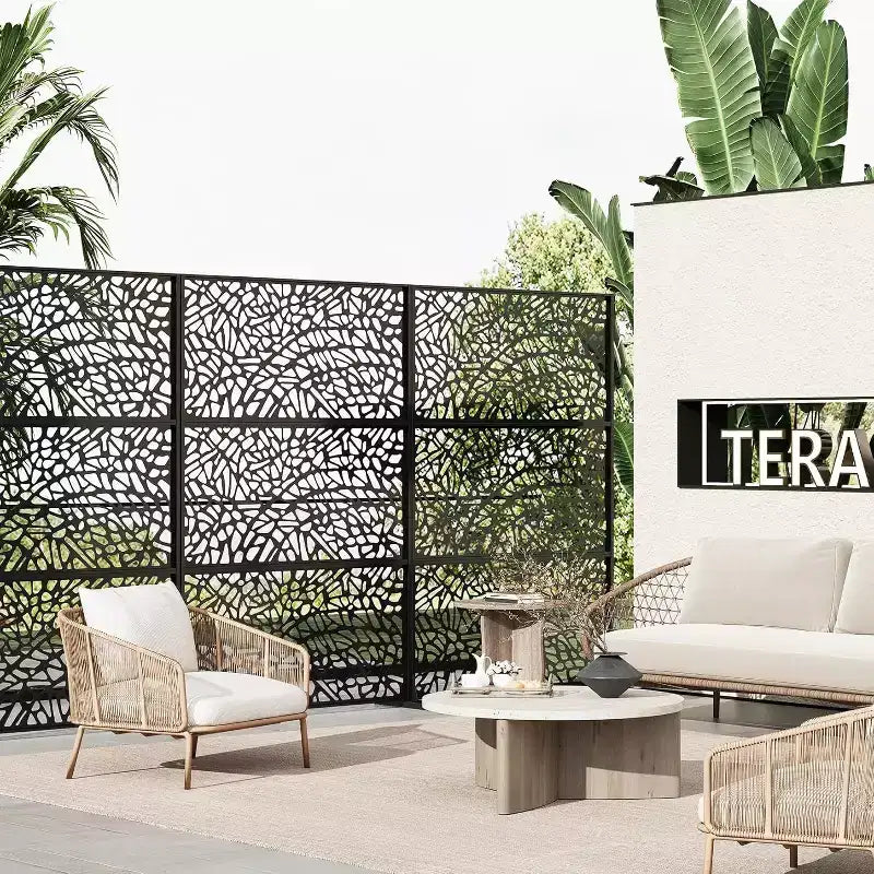 Mampara metálica de privacidad con celosía de 78", divisor de valla moderno de 3 paneles para patio, balcón, jardín o sala de estar